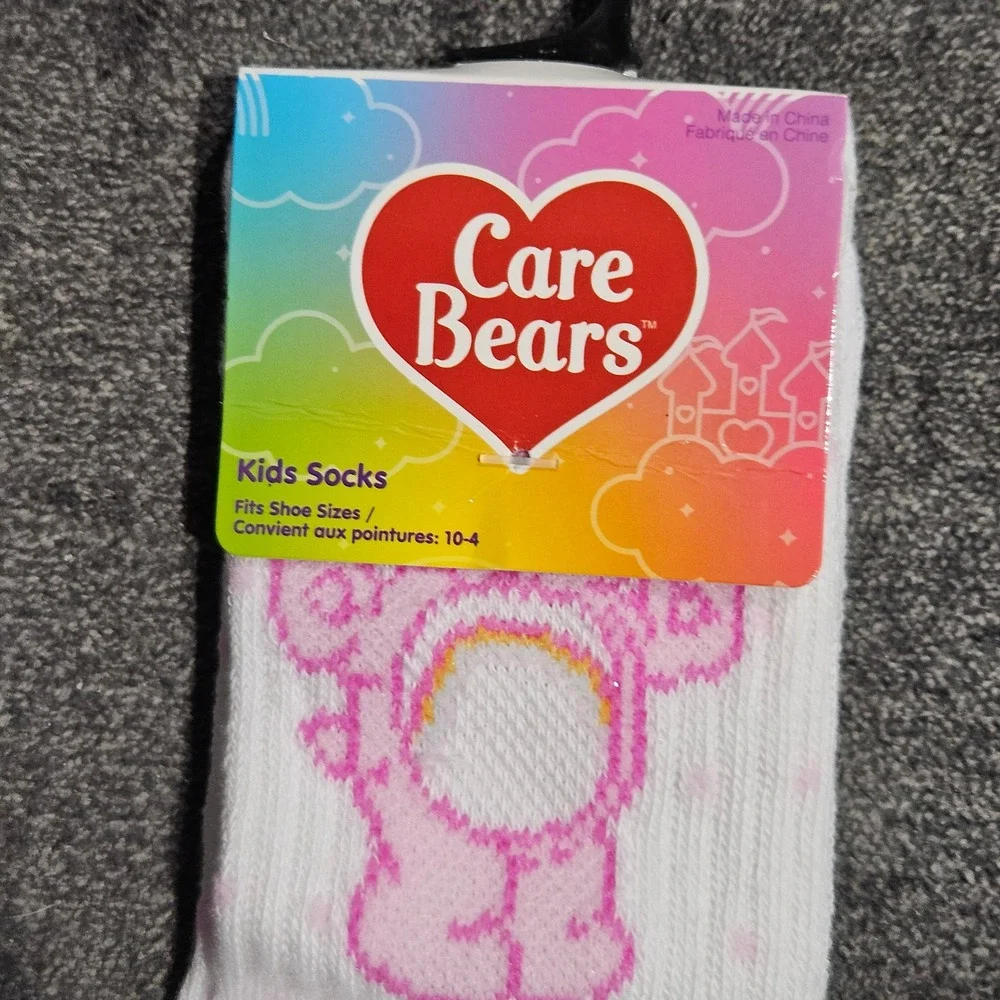 Care Bears Kids White Pink Polka Dot Crew Socks Shoe Size 10-4 New